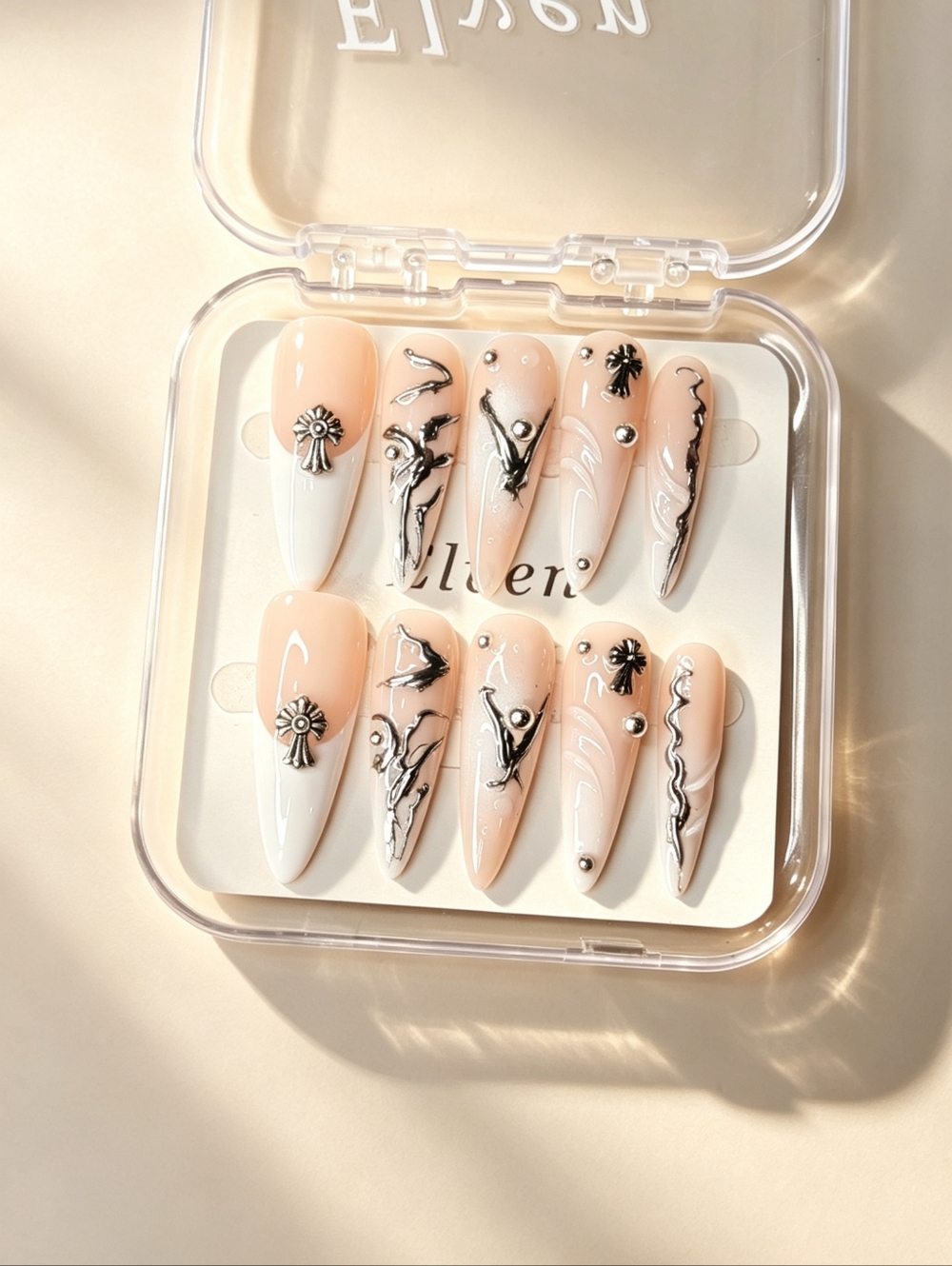 White French Tip With Beads Gothic Style Handmade Stiletto Press On Nails